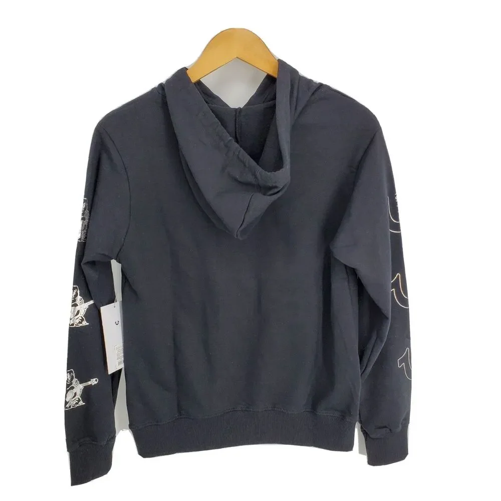 New True Religion Mens Loungewear Pullover Hoodie Sweatshirt Black Silver Small